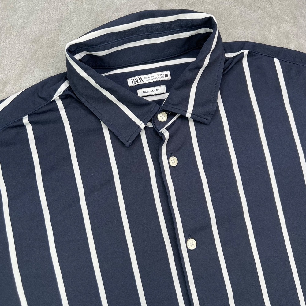 Zara Shirt Men L Navy Blue White Regular Fit Striped Performance Stretch Referee